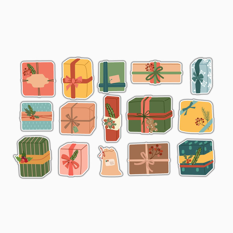 استیکر لپ تاپ و موبایل بووم کریسمس مدل Gift box کد MA98 مجموعه 15 عددی