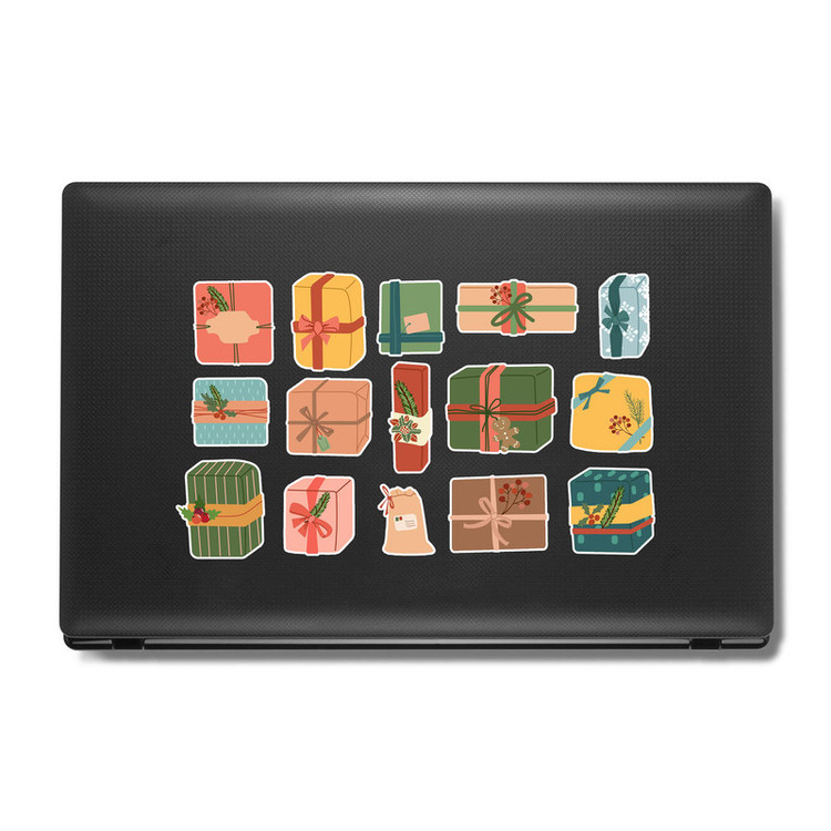 استیکر لپ تاپ و موبایل بووم کریسمس مدل Gift box کد MA98 مجموعه 15 عددی
